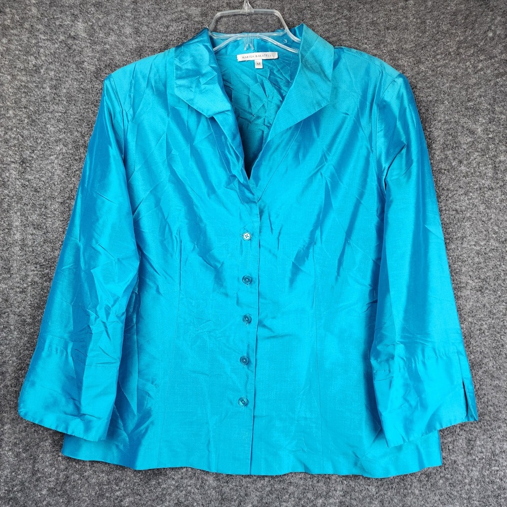 Marisa Baratelli‎ Blouse Womens 14 Turquoise Blue Silk Button Down 3/4 Sleeve